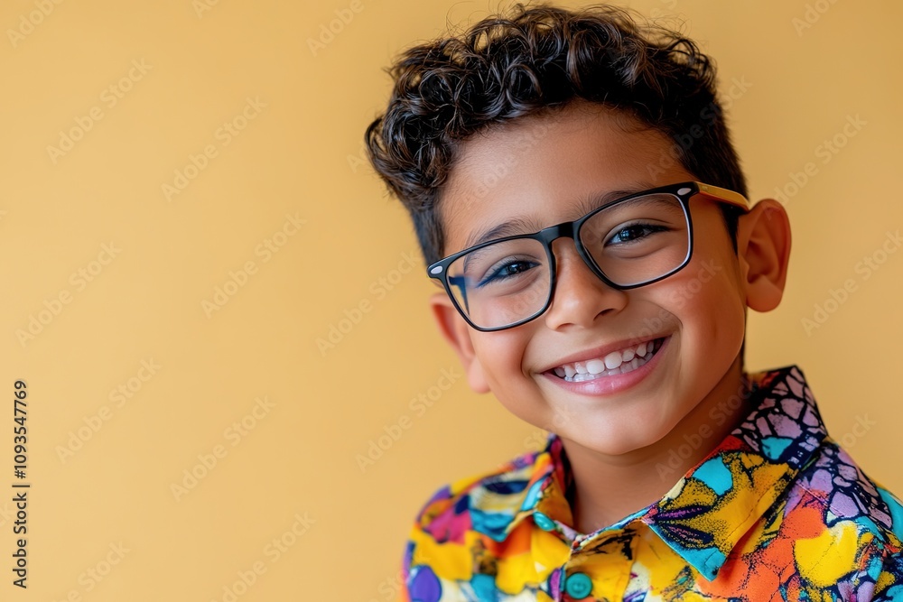 Boy in glasses smiles against yellow background Boy in glasses smiles against yellow background