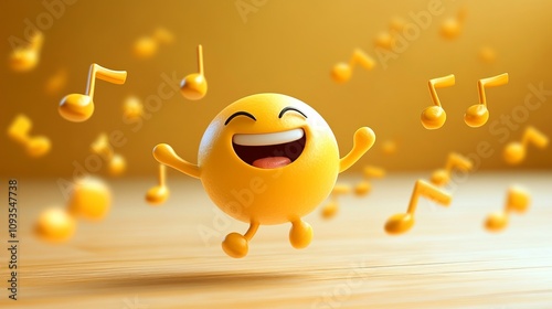 A cheerful yellow emoji character joyfully interacting with surrounding floating music notes, symbolizing happiness and the joyful nature of music.