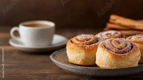A cozy morning setup featuring a cup of steaming coffee next to a plate filled with delicious, sugar-topped cinnamon swirl rolls, set on a rustic wooden surface.