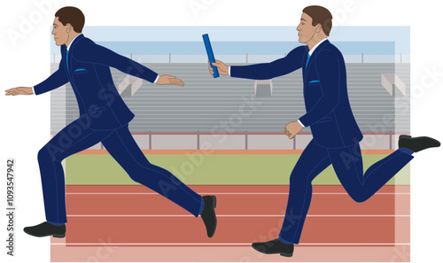 business relay race, businessman passing the baton to her colleague with stadium in the background