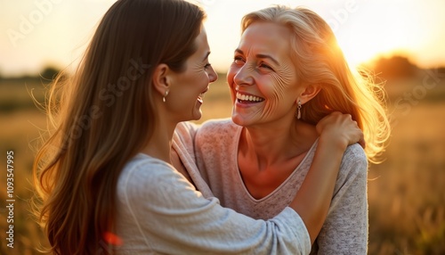 Happy mature woman, daughter embrace outdoors. Affectionate bonding moment on Mother Day. Sunlight illuminates joyful faces. Love, care shown by embrace. Family moment at countryside home. Positive photo