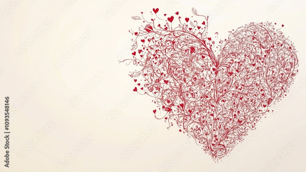 Heart-shaped floral design with swirling red patterns and small hearts on light background Heart-shaped floral design with swirling red patterns and small hearts on light background
