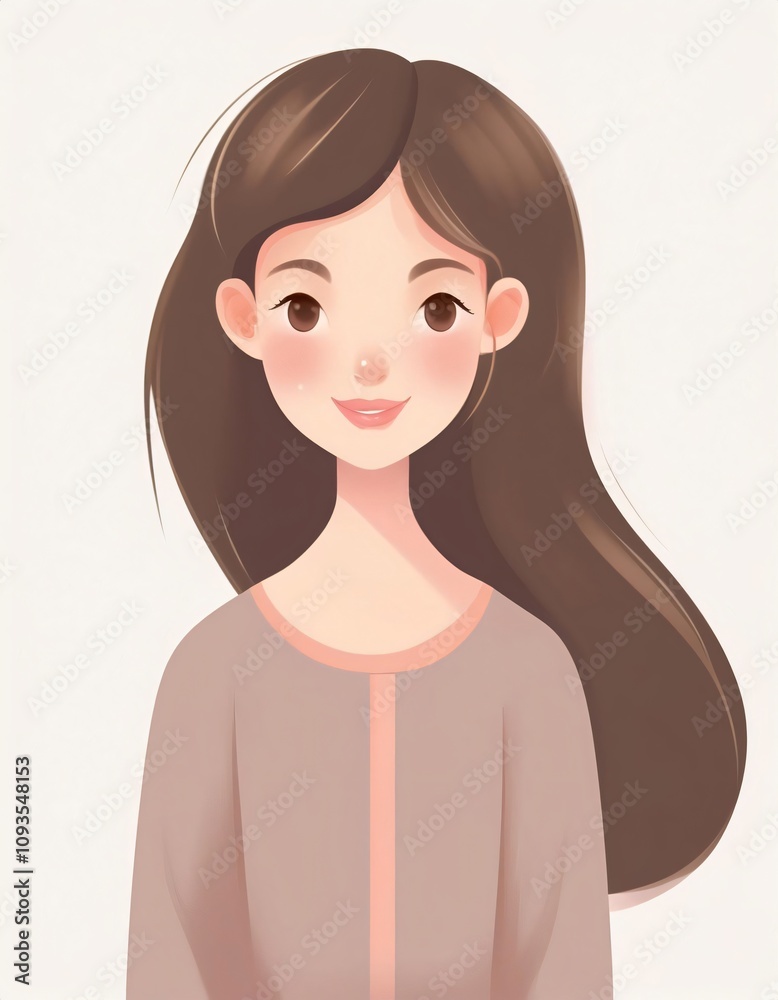 Happy young woman with long brown hair and rosy cheeks depicted in a warm and joyful digital painting Happy young woman with long brown hair and rosy cheeks depicted in a warm and joyful digital painting