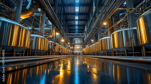 Industrial brewery interior with stainless steel tanks and pipes.