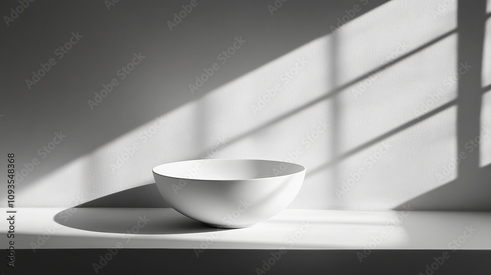 A white bowl elegantly placed with dramatic light and shadows highlighting its simple beauty, creating a serene and contemplative visual experience. A white bowl elegantly placed with dramatic light and shadows highlighting its simple beauty, creating a serene and contemplative visual experience.