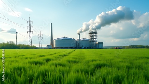 A biogas plant is installed in a green field to generate power and produce energy through an agribusiness concept.