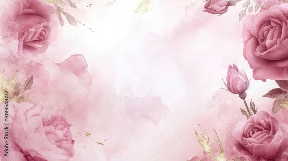 Obraz premium Delicate Pink Roses and Gold Accents Watercolor Design