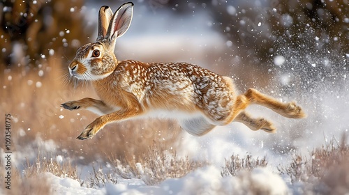 A wild hare pausing mid-run with its long ears perked up against the backdrop of snow-covered bushes photo