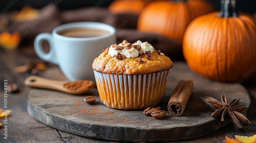A delicious pumpkin muffin topped with cream sits beside a steaming cup of coffee, framed by autumn pumpkins and rustic spices, highlighting cozy autumn flavors. A delicious pumpkin muffin topped with cream sits beside a steaming cup of coffee, framed by autumn pumpkins and rustic spices, highlighting cozy autumn flavors.