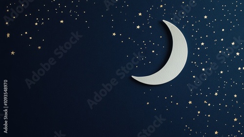 Crescent moon with golden stars in dark blue night sky