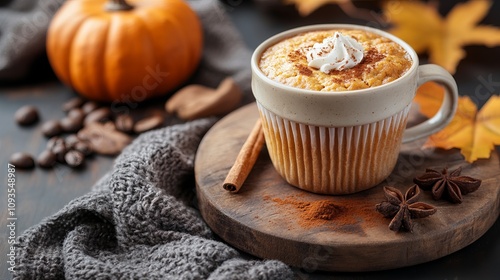 A warm mug cake topped with swirling cream, set in an autumn-themed scene with a backdrop of pumpkins, leaves, and spices, embodying homely fall indulgence.