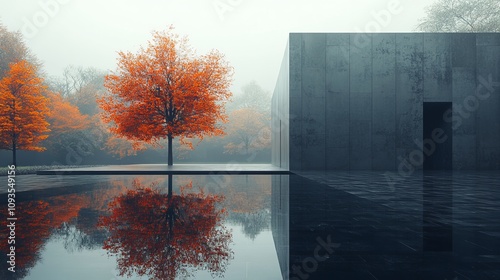 A reflection of a solitary vibrant autumn tree in a sleek black pool contrasts against the backdrop of a minimalist modern building on a foggy day.