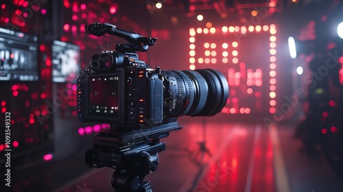 This image showcases an advanced digital camera mounted on a tripod within a high-tech studio environment, surrounded by glowing red and pink lights for a futuristic vibe.