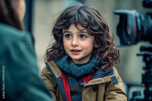 A young child with curly hair smiles engagingly while talking to an adult. The scene captures a warm conversation. The joy in his expression is delightful. Generative AI photo