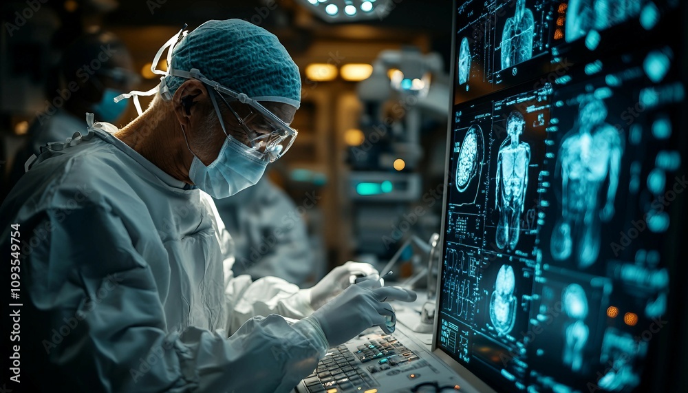 The AI-Assisted Surgeon, futuristic operating room where a human surgeon collaborates with a robotic AI assistant. The AI-Assisted Surgeon, futuristic operating room where a human surgeon collaborates with a robotic AI assistant.