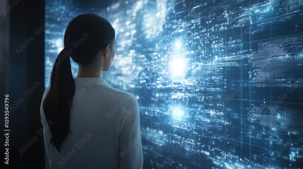 Fototapeta premium Woman viewing futuristic digital data wall.