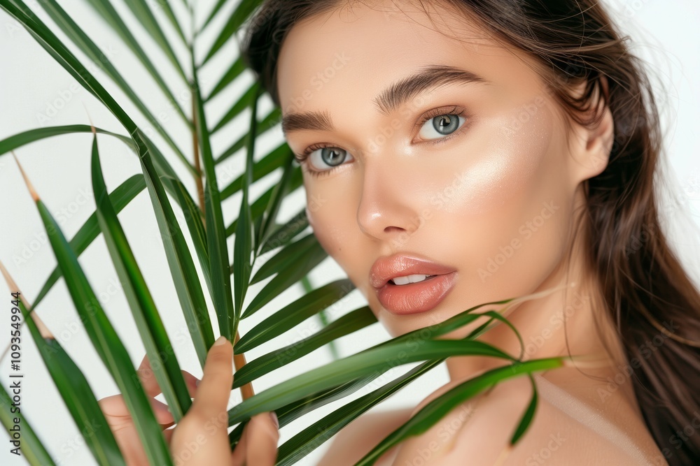 The portrait showcases a woman with a delicate makeup and tropical greenery, exuding elegance, serenity, and ethereal beauty. This aesthetic embodies wellbeing and a sense of beauty The portrait showcases a woman with a delicate makeup and tropical greenery, exuding elegance, serenity, and ethereal beauty. This aesthetic embodies wellbeing and a sense of beauty
