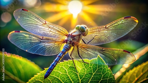 A dragonfly perched on a fresh, dewy leaf in the morning light