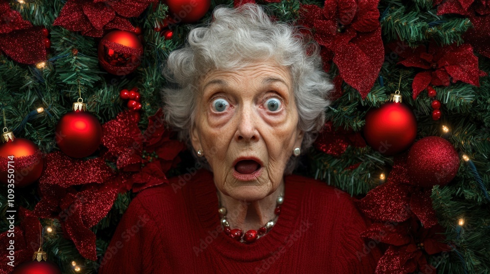 Surprised Elderly Woman Surrounded by Christmas Decorations Surprised Elderly Woman Surrounded by Christmas Decorations