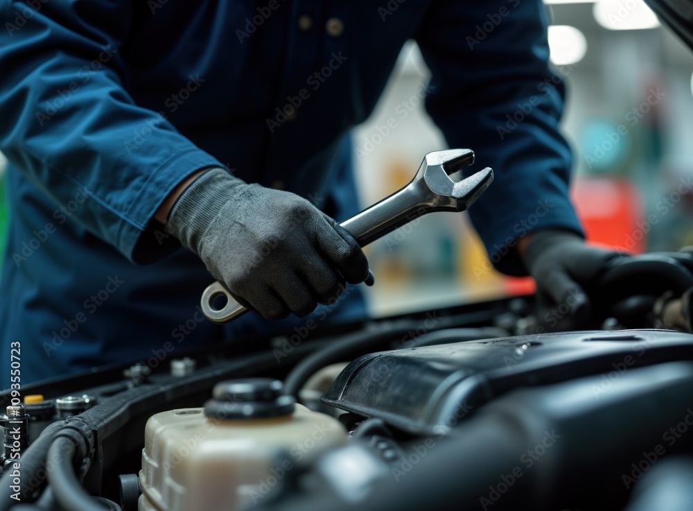 Mechanic works on car engine. Person in blue uniform repairs vehicle engine. Auto mechanic uses wrench. Car repair in workshop. Maintenance on a modern car. Auto industry Mechanic works on car engine. Person in blue uniform repairs vehicle engine. Auto mechanic uses wrench. Car repair in workshop. Maintenance on a modern car. Auto industry