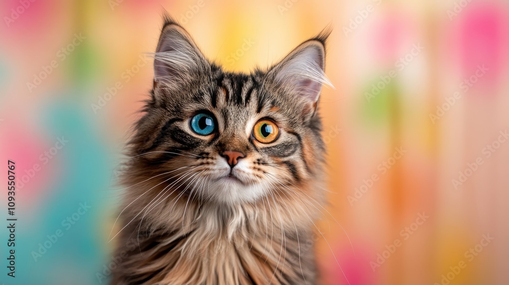 A stunning feline with heterochromia eyes gazes intently, showcasing a natural wonder enriched with expressive whiskers and a vibrant, blurred background.