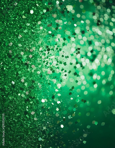 St. Patrick's Day abstract green background decorated with shamrock leaves. Patrick Day pub party celebrating. Abstract Border art design magic backdrop. Widescreen clovers on black with copy space photo