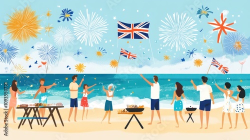 Beach Celebration Fireworks Family Fun British Flags Summer photo