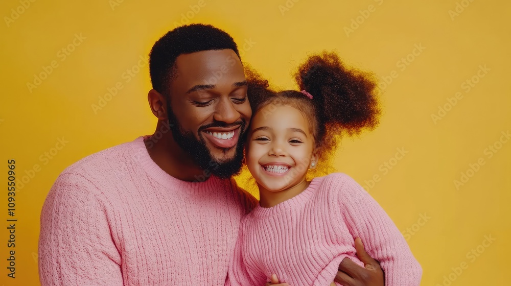 Happy father and daughter in pink sweaters against yellow background.