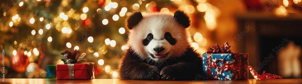 Fototapeta premium Adorable Panda Cub Poses with Christmas Gifts