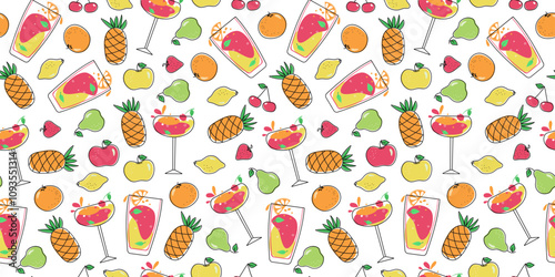 Bright cocktails and fruits. Seamless pattern. Multicolored drinks in wine glasses. Mixed cold drinks. Fresh exotic tropical juice. Alcohol, lemonade. Repeated template.