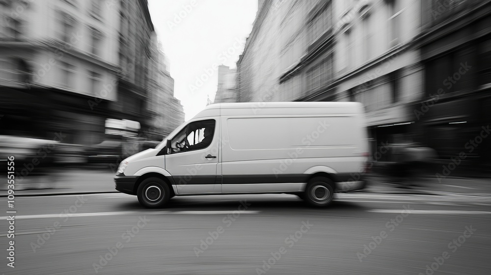 A white van drives swiftly through a bustling urban street, conveying a sense of speed, motion, and daily life in a dynamic city environment full of energy. A white van drives swiftly through a bustling urban street, conveying a sense of speed, motion, and daily life in a dynamic city environment full of energy.