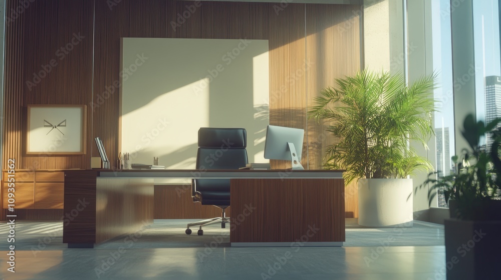 Fototapeta premium Sunlit modern office interior with desk, chair, and plants.
