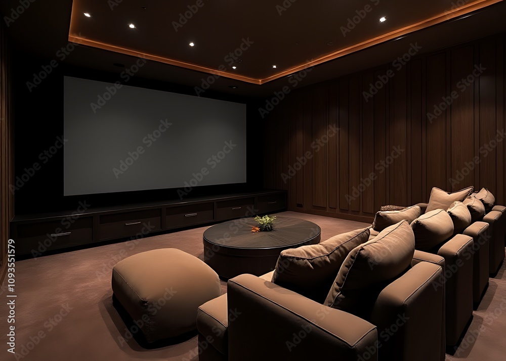 A modern home theater features cozy furniture and a large screen in a dimly lit and intimate room setting. A modern home theater features cozy furniture and a large screen in a dimly lit and intimate room setting.