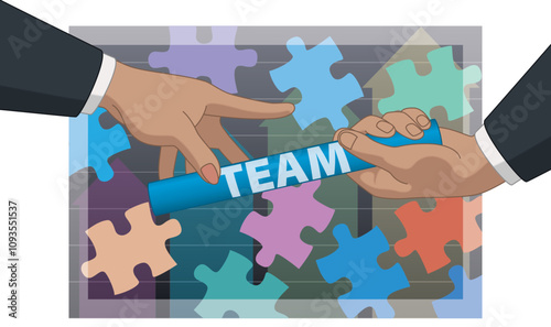 business relay race, close-up of business hands passing the baton of teamwork with puzzle pieces in the background