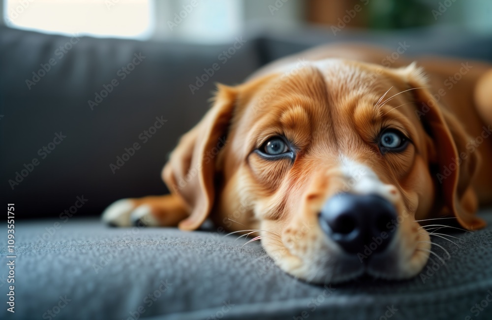 Cute dog resting peacefully on couch. Close-up view of adorable dozing doggy muzzle. Adorable, sleepy. Cozy indoor scene. Perfect for pet store hotel ad. Young mixed breed dog enjoying relaxing Cute dog resting peacefully on couch. Close-up view of adorable dozing doggy muzzle. Adorable, sleepy. Cozy indoor scene. Perfect for pet store hotel ad. Young mixed breed dog enjoying relaxing