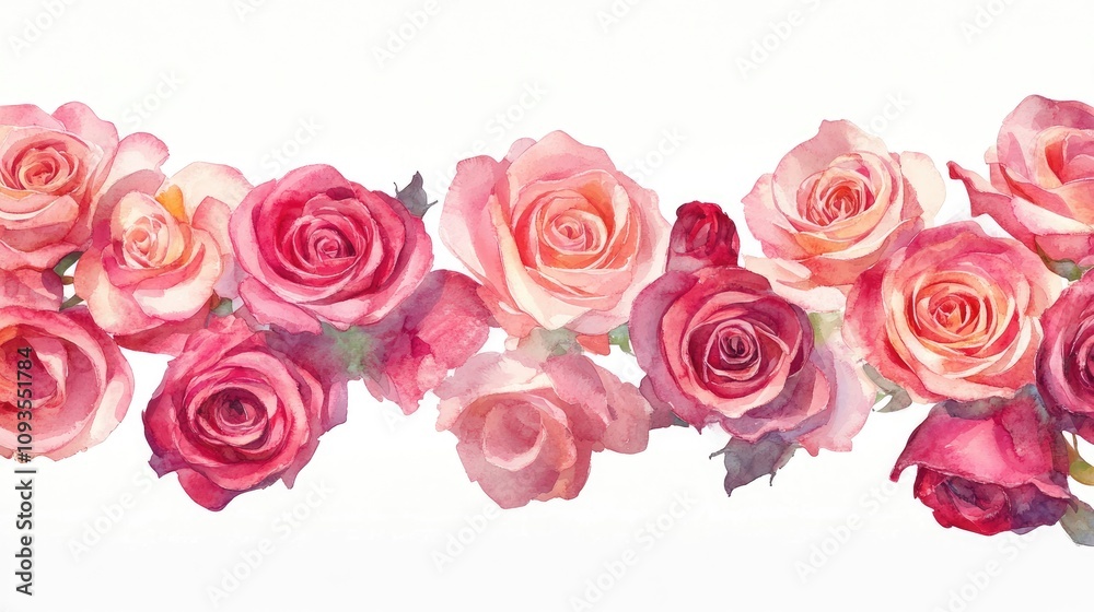 Watercolor Painting of Pink and Red Roses in a Row Watercolor Painting of Pink and Red Roses in a Row