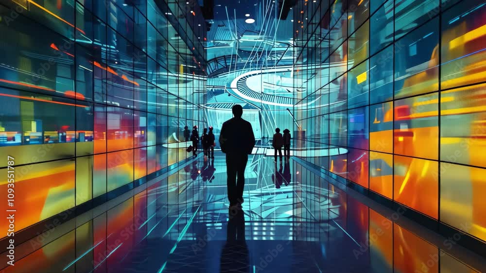 A figure moves through a hall of bright screens, capturing the fast-paced digital era, Visualize the digital age of high-frequency trading through a mix of technology and art