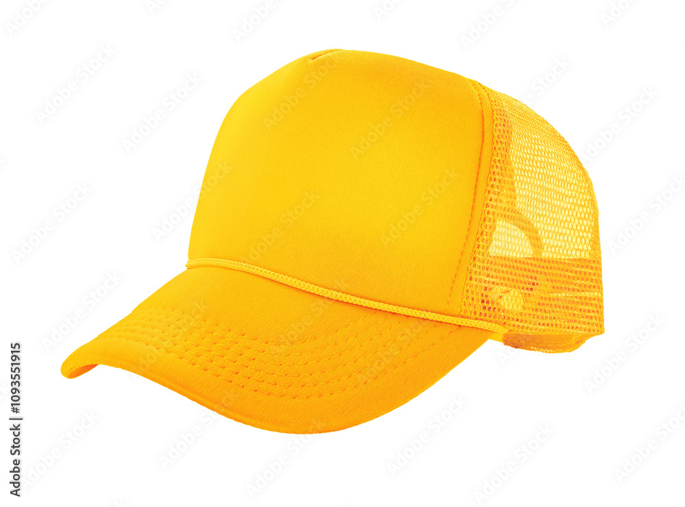 Fototapeta premium Mustard yellow trucker cap with a mesh back, isolated on a transparent background. Ideal for apparel and branding designs.