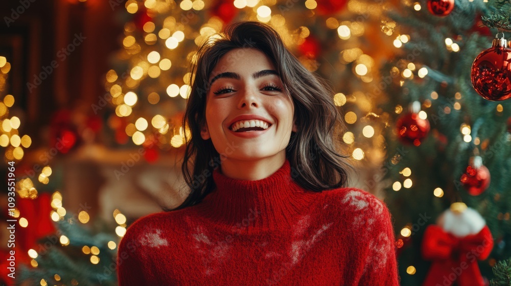 Joyful Woman in Festive Sweater Surrounded by Christmas Cheer Joyful Woman in Festive Sweater Surrounded by Christmas Cheer