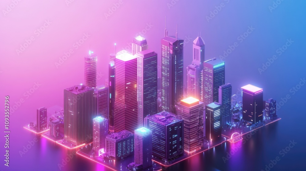 Fototapeta premium Isometric neon cityscape at night.