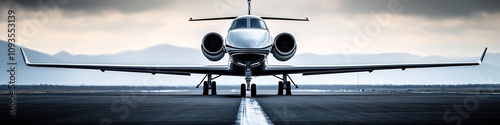 Private jet centered on runway under dramatic sky