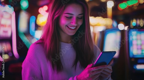 Happy woman using phone in casino. (1)