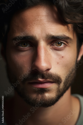 Portrait of a person of Italian ethnicity with bright facial features, an expressive look and stylish clothes against the background.