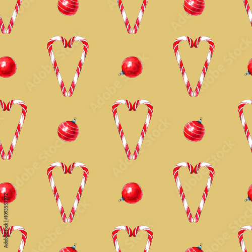 Bright Christmas seamless pattern with lollipops and balls on a gold background