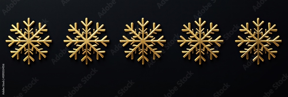 Symmetrical geometric snowflakes in bright gold, placed on a deep black background with subtle gradients for a striking 3D effect, sleek and modern Symmetrical geometric snowflakes in bright gold, placed on a deep black background with subtle gradients for a striking 3D effect, sleek and modern