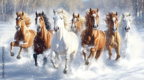 A group of wild horses galloping through a snowy field their manes and tails streaming behind them with soft snow kicking up around their hooves