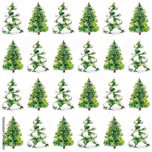 Raster New Year seamless pattern with green fir trees and snow