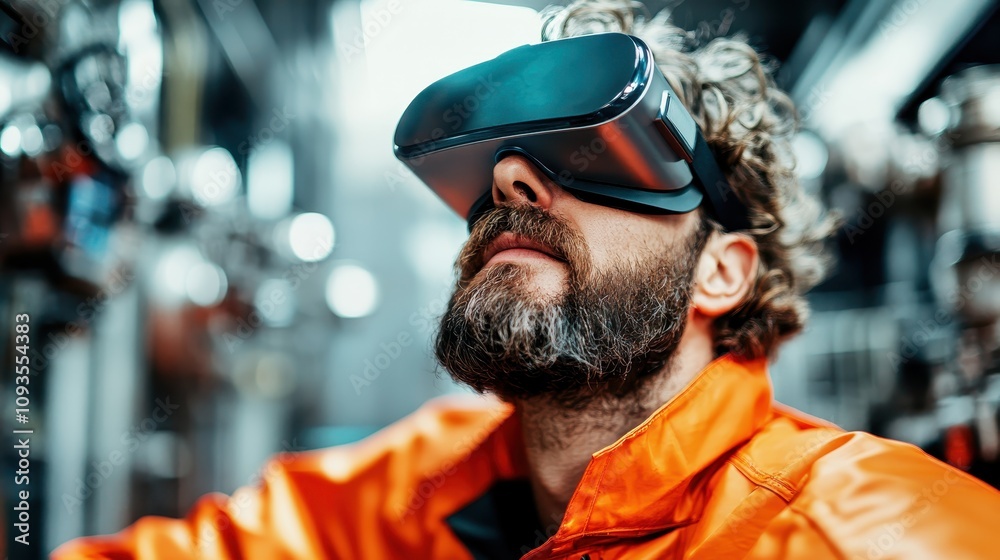A man, clad in an orange jacket, is fully immersed in a virtual world, donning a VR headset, exemplifying a cutting-edge technological experience. A man, clad in an orange jacket, is fully immersed in a virtual world, donning a VR headset, exemplifying a cutting-edge technological experience.