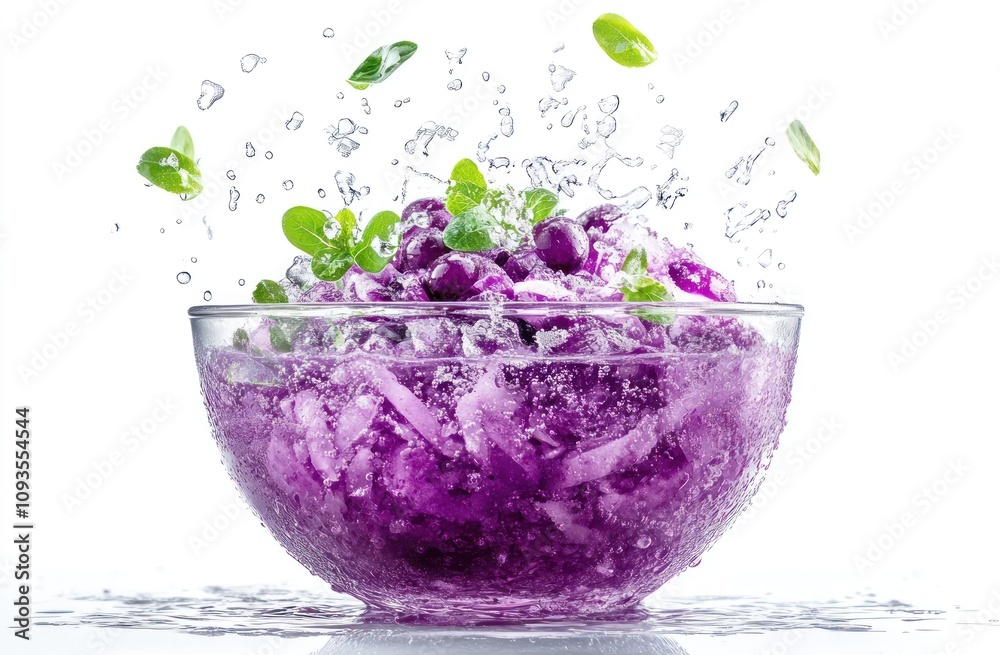 A splash of purple ingredients in a bowl, showcasing freshness and vibrant colors. A splash of purple ingredients in a bowl, showcasing freshness and vibrant colors.