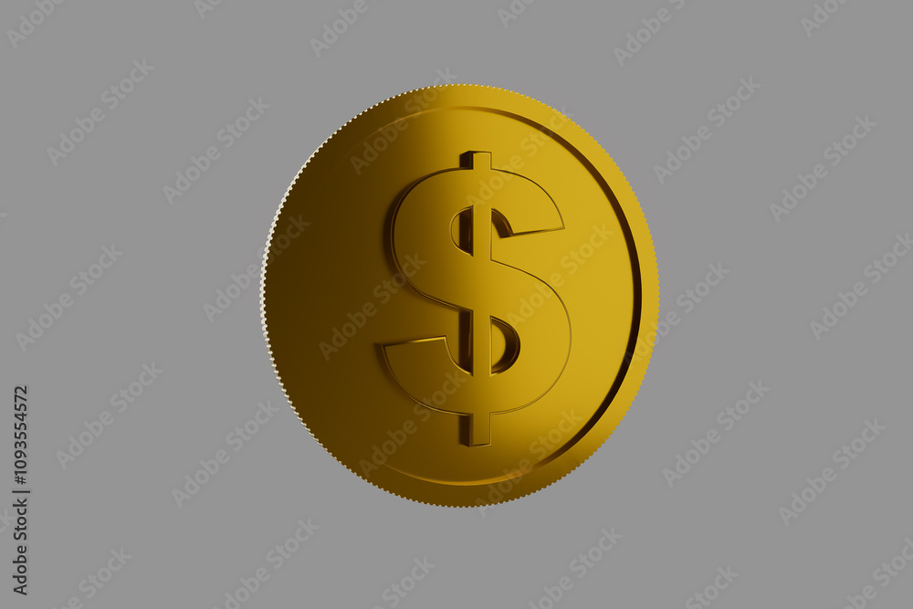 A gold coin with a dollar sign on it, 3d render illustration